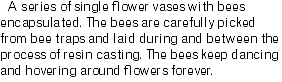 &nbsp;A series of single flower vases with bees encapsulated. The bees are carefully picked from bee traps and laid during and between the process of resin casting. The bees keep dancing and hovering around flowers forever.